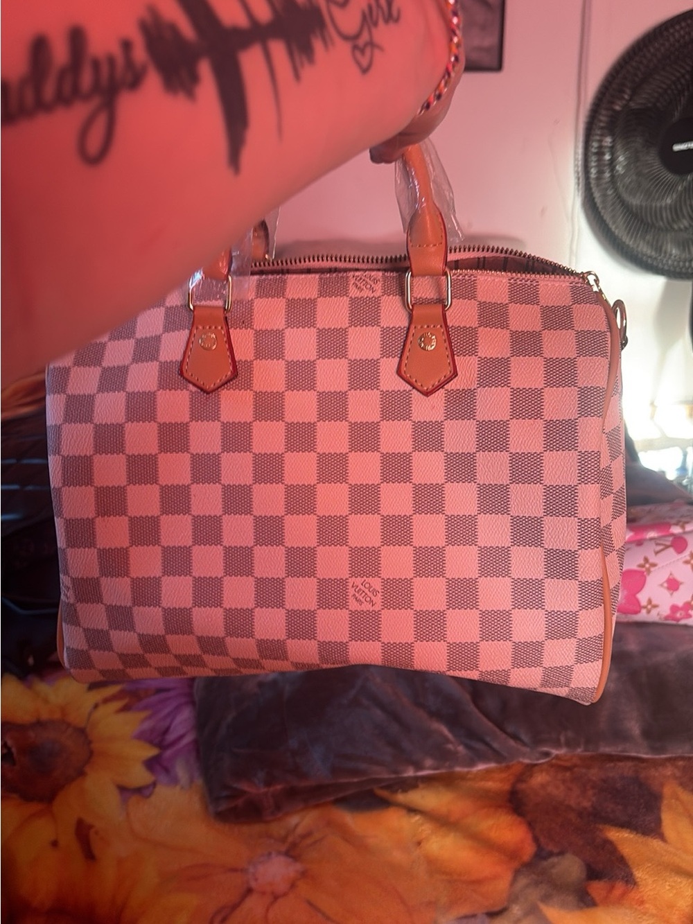Designer-Style Checkered Satchel Handbag in Pink and Tan